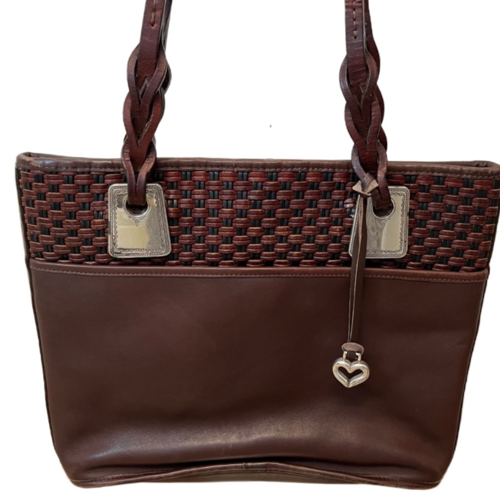 Brighton Brown Leather Weave Design Handbag Silver Hardware & Braided Handles